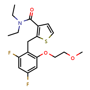 Chemical structure of 2-(2,4-Difluoro-6-(2-methoxyethoxy)benzyl)-N,N-diethylthiophene-3-carboxamide , CAS 2971747-78-9, AChemBlock AD277769