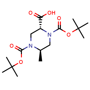 Chemical structure of (2R,5R)-1,4-bis(tert-Butoxycarbonyl)-5-methylpiperazine-2-carboxylic acid , CAS 2600738-69-8, AChemBlock AD277773