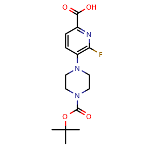 Chemical structure of 6-fluoro-5-(4-{[(2-methylprop-2-yl)oxy]carbonyl}piperazin-1-yl)pyridine-2-carboxylic acid , CAS 2920738-34-5, AChemBlock AD277791