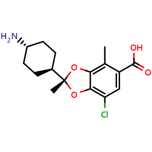 Chemical structure of (2R)-2-[(1r,4R)-4-aminocyclohexyl]-7-chloro-2,4-dimethylbenzo[d][1,3]dioxole-5-carboxylic acid , CAS 2757654-92-3, AChemBlock AD277796