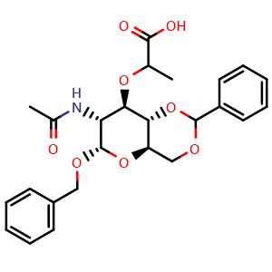 Chemical structure of 1-O-Benzyl-N-acetyl-4,6-O-benzylidenemuramic acid , CAS 74842-55-0, AChemBlock AD277809