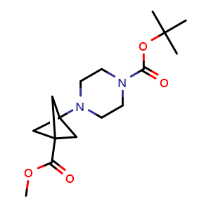 Chemical structure of tert-Butyl 4-(3-(methoxycarbonyl)bicyclo[1.1.1]pentan-1-yl)piperazine-1-carboxylate , CAS 3043903-40-5, AChemBlock AD277866