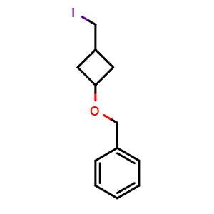 Chemical structure of ((3-(iodomethyl)cyclobutoxy)methyl)benzene , CAS 2803861-23-4, AChemBlock AD277931