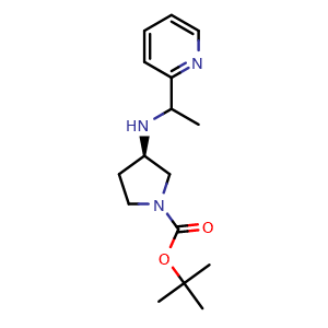 Chemical structure of (R)-3-(1-Pyridin-2-yl-ethylamino)-pyrrolidine-1-carboxylic acid tert-butyl ester , CAS 1401673-03-7, AChemBlock AD277967