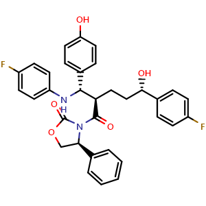 Chemical structure of (S)-3-((2R,5S)-5-(4-fluorophenyl)-2-((S)-(4-fluorophenylamino)(4-hydroxyphenyl)methyl)-5-hydroxypentanoyl)-4-phenyloxazolidin-2-one , CAS 1185883-40-2, AChemBlock AD278011