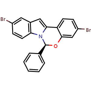Chemical structure of (S)-3,10-Dibromo-6-phenyl-6H-benzo[5,6][1,3]oxazino[3,4-a]indole , CAS 1392102-38-3, AChemBlock AD278015