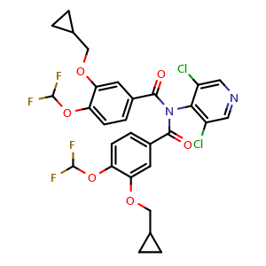 Chemical structure of 3-(cyclopropylmethoxy)-N-(3-(cyclopropyl methoxy)-4-(difluoromethoxy)benzoyl)-N- (3,5-dichloropyridin-4-yl)-4-(difluoromethoxy) benzamide , CAS 1352122-37-2, AChemBlock AD278021