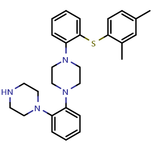 Chemical structure of 1-(2-((2,4-dimethylphenyl)thio)phenyl)-4-(2-(piperazin-1-yl)phenyl) piperazine hydrochloride , CAS 1240670-85-2, AChemBlock AD278022