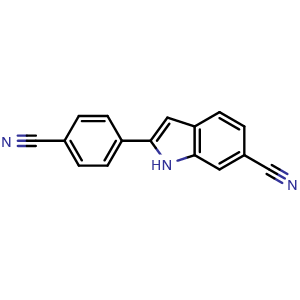 Chemical structure of 6-Cyano-2-(4-cyanophenyl)indole , CAS 28719-00-8, AChemBlock AD278045