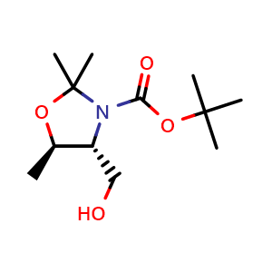 Chemical structure of tert-Butyl (4R,5R)-4-(hydroxymethyl)-2,2,5-trimethyl-1,3-oxazolidine-3-carboxylate , CAS 157336-86-2, AChemBlock AD278105