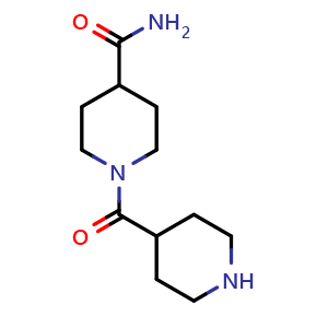 Chemical structure of 1-(Piperidine-4-carbonyl)piperidine-4-carboxamide , CAS 886508-20-9, AChemBlock AD278106