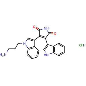 Chemical structure of 3-(1-(3-Aminopropyl)-1H-indol-3-yl)-4-(1H-indol-3-yl)-1H-pyrrole-2,5-dione hydrochloride , CAS 683775-59-9, AChemBlock AD278132