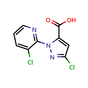 Chemical structure of 3-Chloro-1-(3-chloropyridin-2-yl)-1H-pyrazole-5-carboxylic acid , CAS 458543-79-8, AChemBlock AD278135