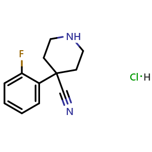 Chemical structure of 4-(2-Fluoro-phenyl)-piperidine-4-carbonitrile hydrochloride , CAS 1450802-58-0, AChemBlock AD278138