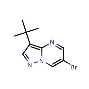Chemical structure of 6-Bromo-3-(tert-butyl)pyrazolo[1,5-a]pyrimidine , CAS 1379349-89-9, AChemBlock AD278158