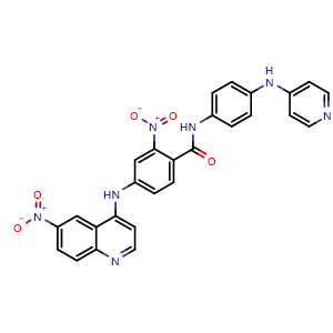 Chemical structure of 2-Nitro-4-((6-nitroquinolin-4-yl)amino)-N-(4-(pyridin-4-ylamino)phenyl)benzamide , CAS 53221-75-3, AChemBlock AD278176