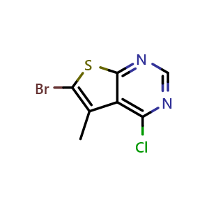 Chemical structure of 6-Bromo-4-chloro-5-methylthieno[2,3-d]pyrimidine , CAS 19673-93-9, AChemBlock AD278187