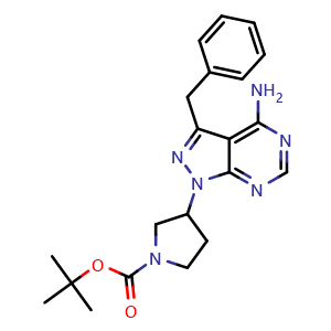 Chemical structure of tert-Butyl3-(4-amino-3-benzyl-1H-pyrazolo[3,4-d]pyrimidin-1-yl)pyrrolidine-1-carboxylate , CAS 1956341-26-6, AChemBlock AD278192