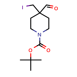 Chemical structure of tert-Butyl4-formyl-4-(iodomethyl)piperidine-1-carboxylate , CAS 1416372-40-1, AChemBlock AD278194