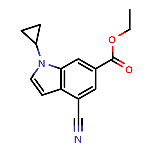 Chemical structure of Ethyl 4-cyano-1-cyclopropyl-1H-indole-6-carboxylate , CAS 1041204-99-2, AChemBlock AD278252