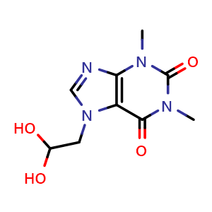 Chemical structure of 7-(2,2-Dihydroxyethyl)-3,7-dihydro-1,3-dimethyl-1H-purine-2,6-dione , CAS 1429636-73-6, AChemBlock AD278255