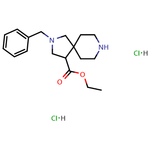 Chemical structure of Ethyl 2-benzyl-2,8-diazaspiro[4.5]decane-4-carboxylate dihydrochloride , CAS 2098129-82-7, AChemBlock AD278265