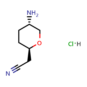 Chemical structure of 2-((2R,5S)-5-Aminotetrahydro-2H-pyran-2-yl)acetonitrile hydrochloride , CAS 1821294-52-3, AChemBlock AD278273
