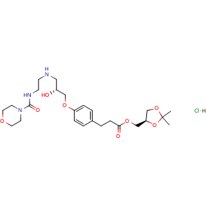 Chemical structure of ((R)-2,2-Dimethyl-1,3-dioxolan-4-yl)methyl 3-(4-((R)-2-hydroxy-3-((2-(morpholine-4-carboxamido)ethyl)amino)propoxy)phenyl)propanoate hydrochloride , CAS 1253907-83-3, AChemBlock AD278297