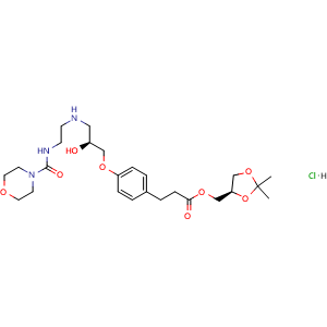 Chemical structure of ((R)-2,2-Dimethyl-1,3-dioxolan-4-yl)methyl 3-(4-((S)-2-hydroxy-3-((2-(morpholine-4-carboxamido)ethyl)amino)propoxy)phenyl)propanoate hydrochloride , CAS 1253907-81-1, AChemBlock AD278298