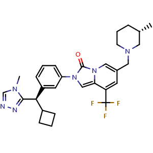 Chemical structure of 2-[3-[(R)-Cyclobutyl(4-methyl-4H-1,2,4-triazol-3-yl)methyl]phenyl]-6-[[(3S)-3-methyl-1-piperidinyl]methyl]-8-(trifluoromethyl)imidazo[1,5-a]pyridin-3(2H)-one , CAS 2851872-31-4, AChemBlock AD278312