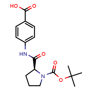 Chemical structure of 1-(1,1-Dimethylethyl) (2S)-2-[[(4-carboxyphenyl)amino]carbonyl]-1-pyrrolidinecarboxylate , CAS 1241379-64-5, AChemBlock AD278316
