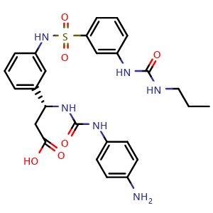 Chemical structure of (R)-3-(3-(4-Aminophenyl)ureido)-3-(3-((3-(3-propylureido)phenyl)sulfonamido)phenyl)propanoic acid , CAS 439865-65-3, AChemBlock AD278324