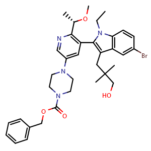 Chemical structure of Benzyl (S)-4-(5-(5-bromo-1-ethyl-3-(3-hydroxy-2,2-dimethylpropyl)-1H-indol-2-yl)-6-(1-methoxyethyl)pyridin-3-yl)piperazine-1-carboxylate , CAS 2865162-09-8, AChemBlock AD278335
