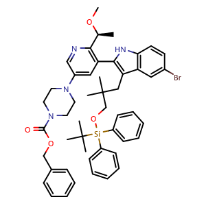 Chemical structure of Benzyl (S)-4-[5-[5-bromo-3-[3-[(tert-butyldiphenylsilyl)oxy]-2,2-dimethylpropyl]-1H-indol-2-yl]-6-(1-methoxyethyl)pyridin-3-yl]piperazine-1-carboxylate , CAS 2641451-80-9, AChemBlock AD278351