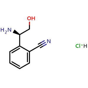 Chemical structure of (R)-2-(1-Amino-2-hydroxyethyl)benzonitrile hydrochloride , CAS 1391440-54-2, AChemBlock AD278352