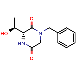 Chemical structure of (R)-1-benzyl-3-((S)-1-hydroxyethyl)piperazine-2,5-dione , CAS 2098692-72-7, AChemBlock AD278371