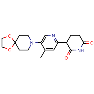 Chemical structure of 3-(4-methyl-5-(1,4-dioxa-8-azaspiro[4.5]decan-8-yl)pyridin-2-yl)piperidine-2,6-dione , CAS 3038254-28-0, AChemBlock AD278378