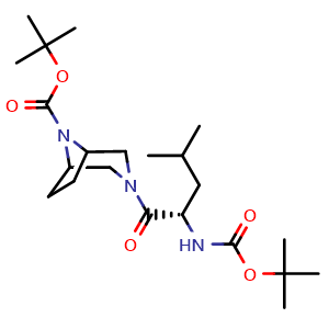 Chemical structure of 1,1-Dimethylethyl 3-[(2S)-2-[[(1,1-dimethylethoxy)carbonyl]amino]-4-methyl-1-oxopentyl]-3,8-diazabicyclo[3.2.1]octane-8-carboxylate , CAS 2842147-33-3, AChemBlock AD278382