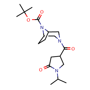 Chemical structure of 1,1-Dimethylethyl 3-[[1-(1-methylethyl)-5-oxo-3-pyrrolidinyl]carbonyl]-3,8-diazabicyclo[3.2.1]octane-8-carboxylate , CAS 2864506-44-3, AChemBlock AD278383