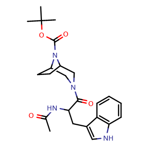 Chemical structure of 1,1-Dimethylethyl 3-[2-(acetylamino)-3-(1H-indol-3-yl)-1-oxopropyl]-3,8-diazabicyclo[3.2.1]octane-8-carboxylate , CAS 2845600-58-8, AChemBlock AD278387