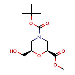 Chemical structure of 4-(tert-Butyl) 2-methyl (2S,6R)-6-(hydroxymethyl)morpholine-2,4-dicarboxylate , CAS 1581750-91-5, AChemBlock AD278412