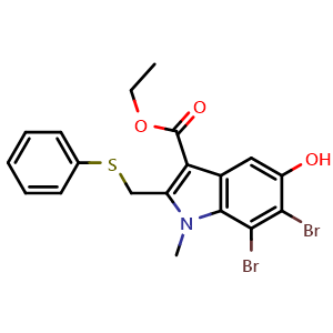 Chemical structure of Ethyl 6,7-dibromo-5-hydroxy-1-methyl-2-[(phenylthio)methyl]-1H-indole-3-carboxylate , CAS 153633-12-6, AChemBlock AD278420