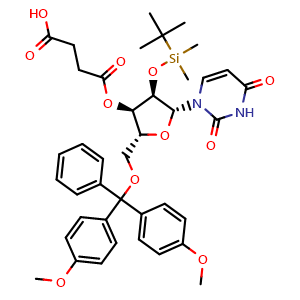 Chemical structure of 4-(((2R,3R,4R,5R)-2-((Bis(4-methoxyphenyl)(phenyl)methoxy)methyl)-4-((tert-butyldimethylsilyl)oxy)-5-(2,4-dioxo-3,4-dihydropyrimidin-1(2H)-yl)tetrahydrofuran-3-yl)oxy)-4-oxobutanoic acid , CAS 119702-12-4, AChemBlock AD278432