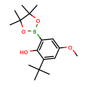 Chemical structure of 2-(tert-Butyl)-4-methoxy-6-(4,4,5,5-tetramethyl-1,3,2-dioxaborolan-2-yl)phenol , CAS 2395899-37-1, AChemBlock AD278439