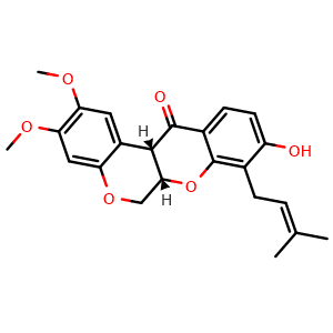 Chemical structure of (6aS,12aS)-6a,12a-Dihydro-9-hydroxy-2,3-dimethoxy-8-(3-methyl-2-buten-1-yl)[1]benzopyrano[3,4-b][1]benzopyran-12(6H)-one , CAS 70191-71-8, AChemBlock AD278462