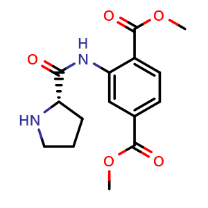 Chemical structure of 1,4-Dimethyl 2-[[(2S)-2-pyrrolidinylcarbonyl]amino]-1,4-benzenedicarboxylate , CAS 1176657-14-9, AChemBlock AD278463