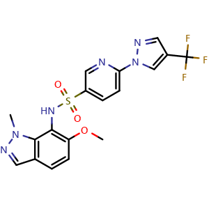 Chemical structure of N-(6-Methoxy-1-methyl-1H-indazol-7-yl)-6-(4-(trifluoromethyl)-1H-pyrazol-1-yl)pyridine-3-sulfonamide , CAS 3030582-15-8, AChemBlock AD278540