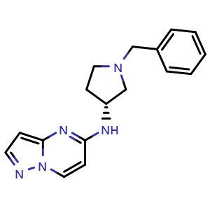 Chemical structure of N-[(3R)-1-(Phenylmethyl)-3-pyrrolidinyl]pyrazolo[1,5-a]pyrimidin-5-amine , CAS 1259034-82-6, AChemBlock AD278542