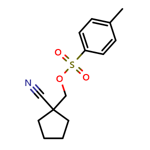 Chemical structure of 1-[[[(4-Methylphenyl)sulfonyl]oxy]methyl]cyclopentanecarbonitrile , CAS 1162670-07-6, AChemBlock AD278543