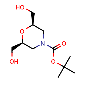 Chemical structure of 1,1-Dimethylethyl (2R,6S)-2,6-bis(hydroxymethyl)-4-morpholinecarboxylate , CAS 1245609-14-6, AChemBlock AD278544